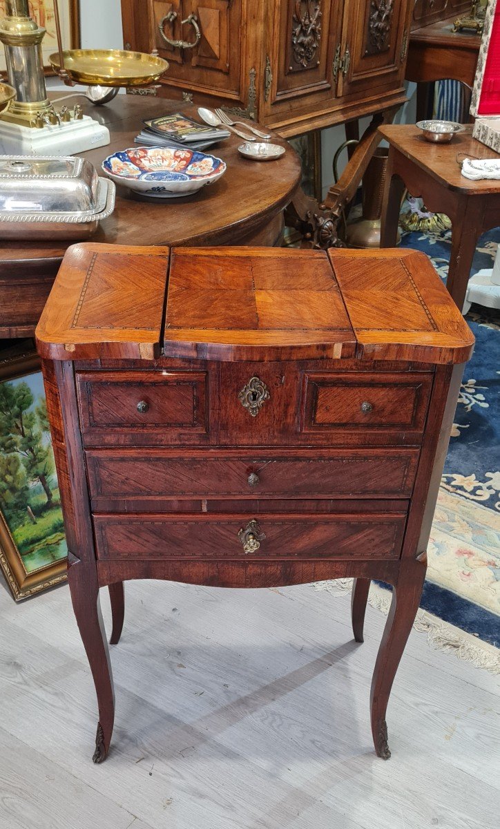 Toute Petite Barbiere Poudreuse Coiffeuse Marqueterie Marquetée Louis XV circa XVIII E XIX E Console table salon chambre -photo-3