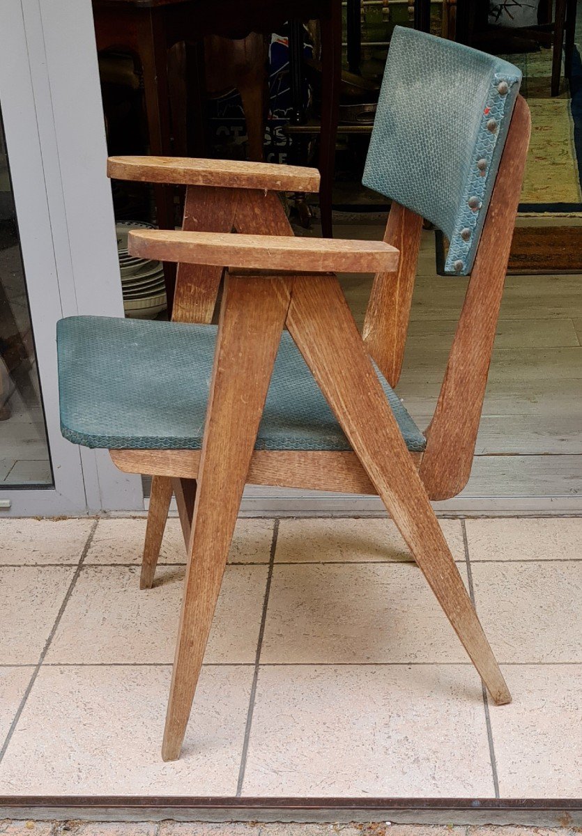 Paire De Fauteuils Pieds Compas  Chaises Années 50 60 Circa 1950 1960 Cf Prouvé Jeanneret  XXe-photo-2