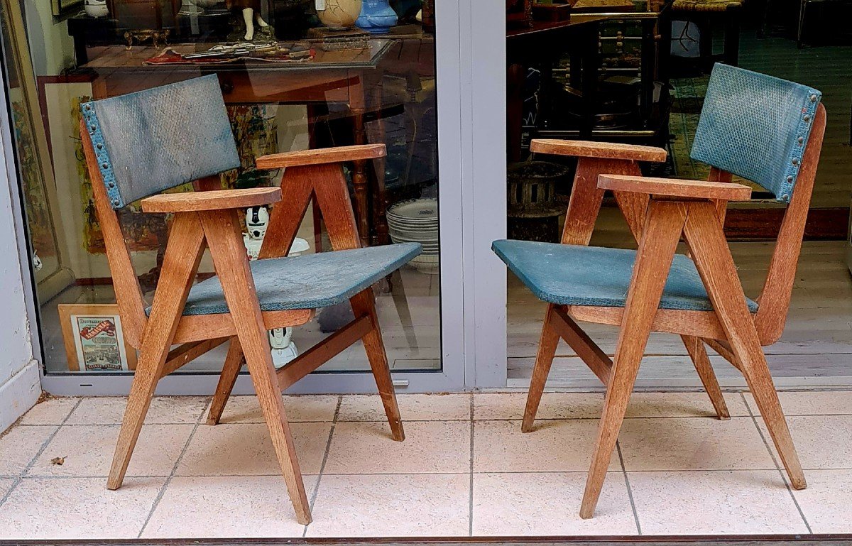 Pair Of Armchairs With Compass Feet Chairs Years 50 60 Circa 1950 1960 Cf Prouvé Jeanneret XXth-photo-3