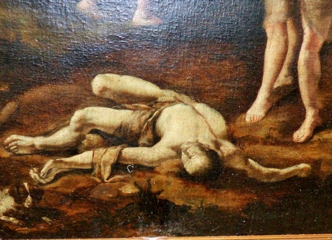 Grand Tableau huile sur toile ėpoque XVII Eme Siecle Abel Et Cain circa 17 e siecle louis xiii louis xiv religion dieu anges saint esprit-photo-4