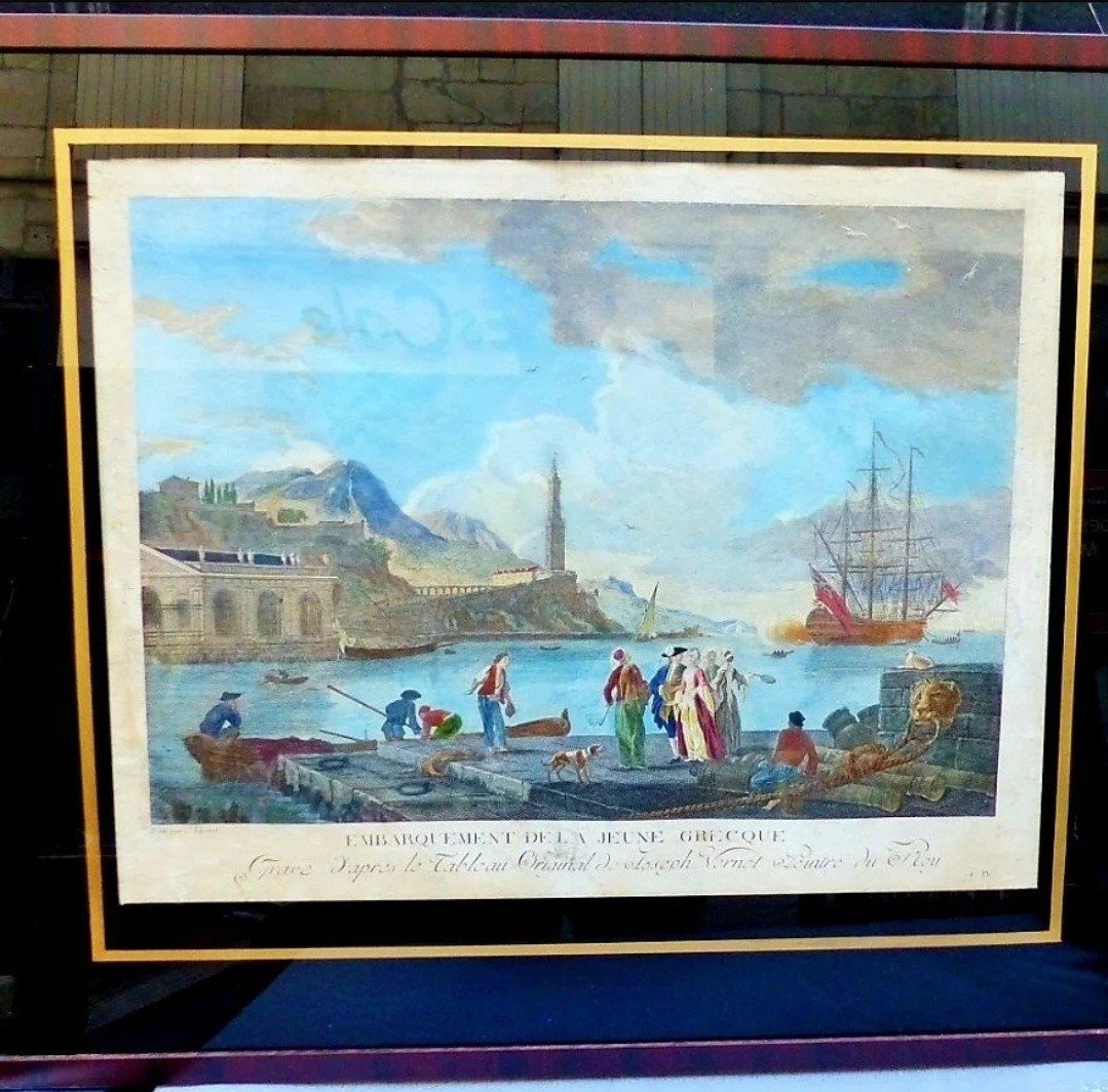 aquatinte Vernet couleur aquarellée main circa xviii eme siècle Claude Joseph Vernet l embarquement de la grecque-photo-3