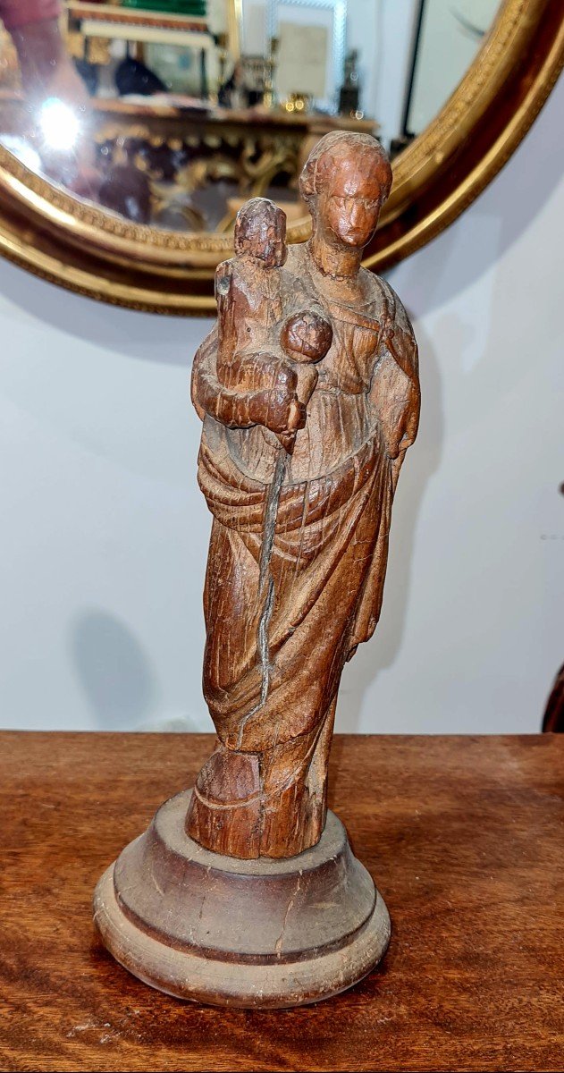 Vierge Enfant Jésus Portant l'Orbe Crucigère Salvator Mundi Statue En Bois époque XVe XVIe Siecle 