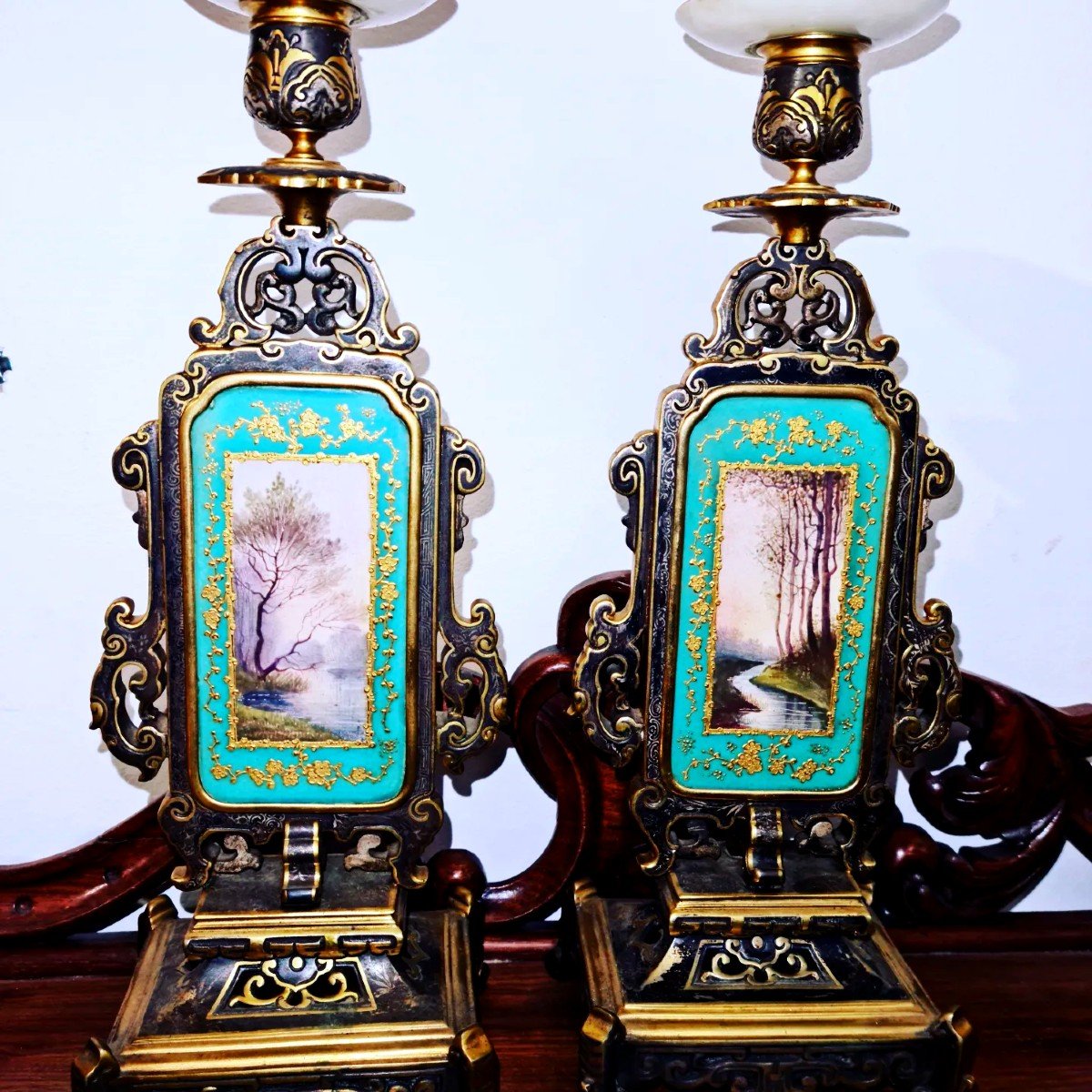 Pair Of Candlesticks In Bronze Japonism Gold & Golden Silver.-photo-2