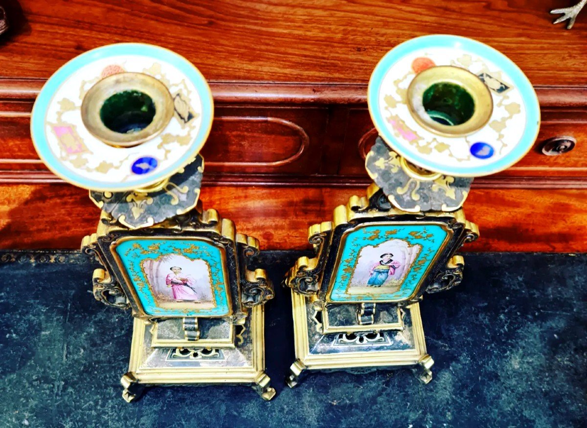 Pair Of Candlesticks In Bronze Japonism Gold & Golden Silver.-photo-4