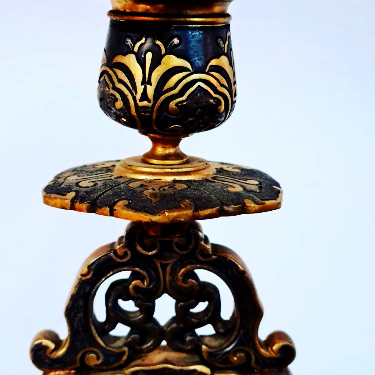Pair Of Candlesticks In Bronze Japonism Gold & Golden Silver.-photo-1