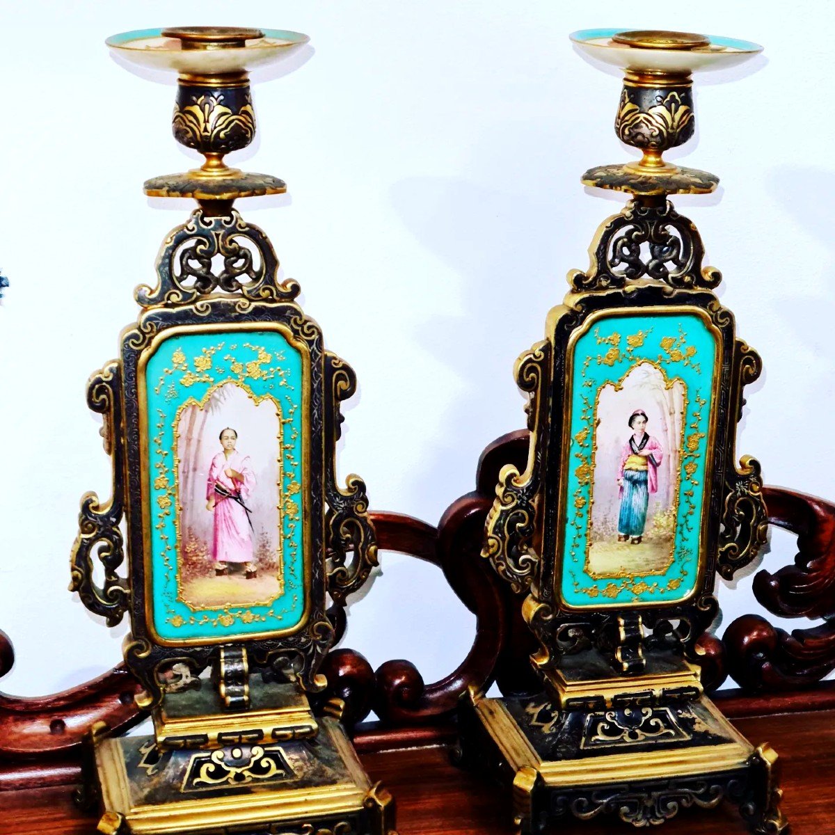 Pair Of Candlesticks In Bronze Japonism Gold & Golden Silver.-photo-4