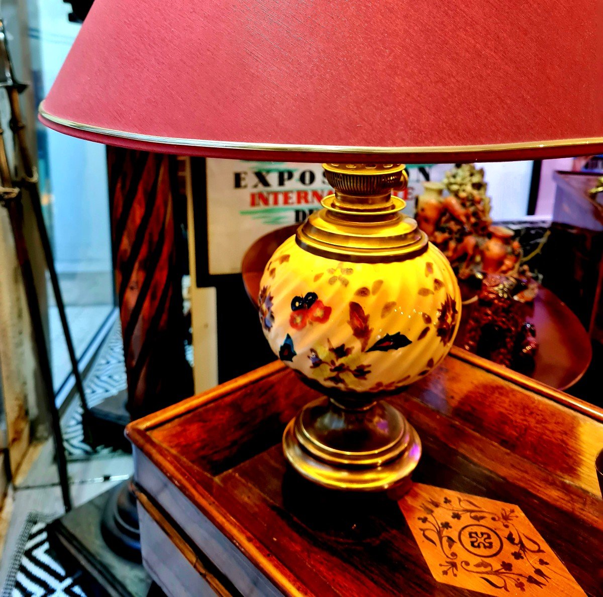 Living Room Desk Lamp Porcelain Earthenware Painted Naturalist 19th Century Butterflies Flowers -