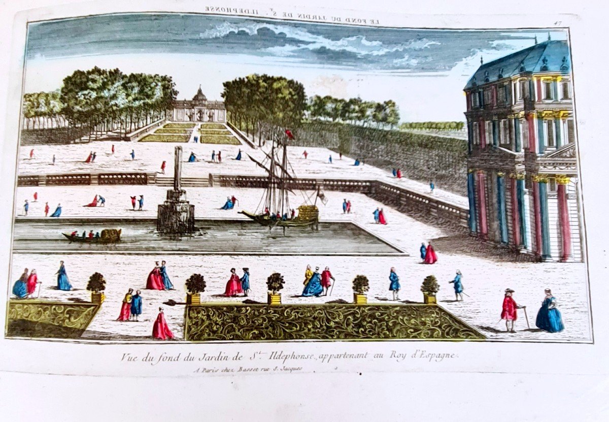 XVIIIe Impression Vue Optique Antique Espagne-jardin-st. Ildephonse Ship King Maillet 1770
