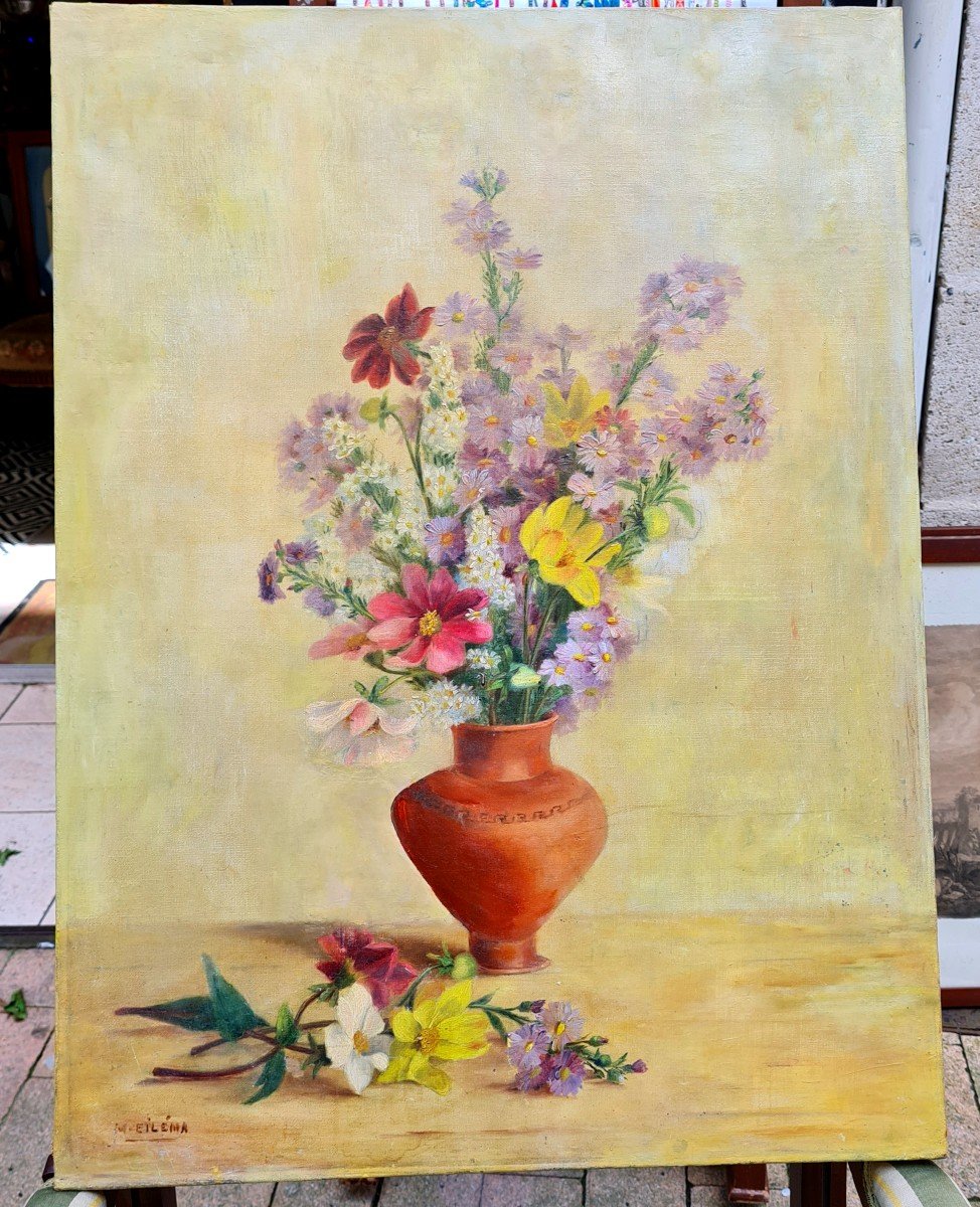 Bouquet Painting Oil On Canvas Period XIX Eme Etruscan Vase