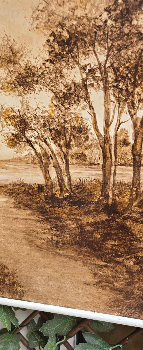 Large Hand-painted Painting Monochrome Technique Landscape On Isorel -photo-3