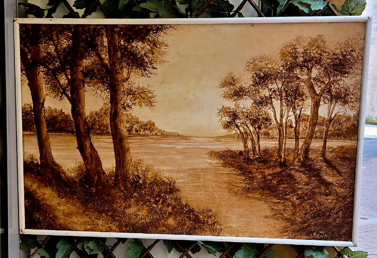 Large Hand-painted Painting Monochrome Technique Landscape On Isorel 