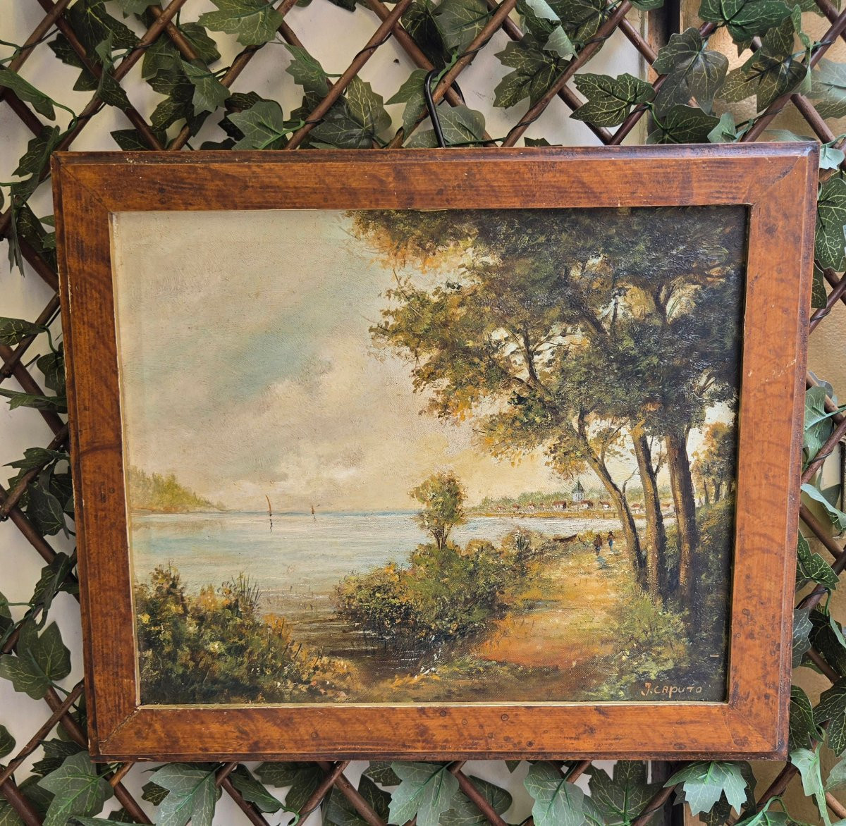 Tableau Peinture Huile Sur Toile à Restaurer Ou Pas ..marine Bord De Lac De Mer -photo-4