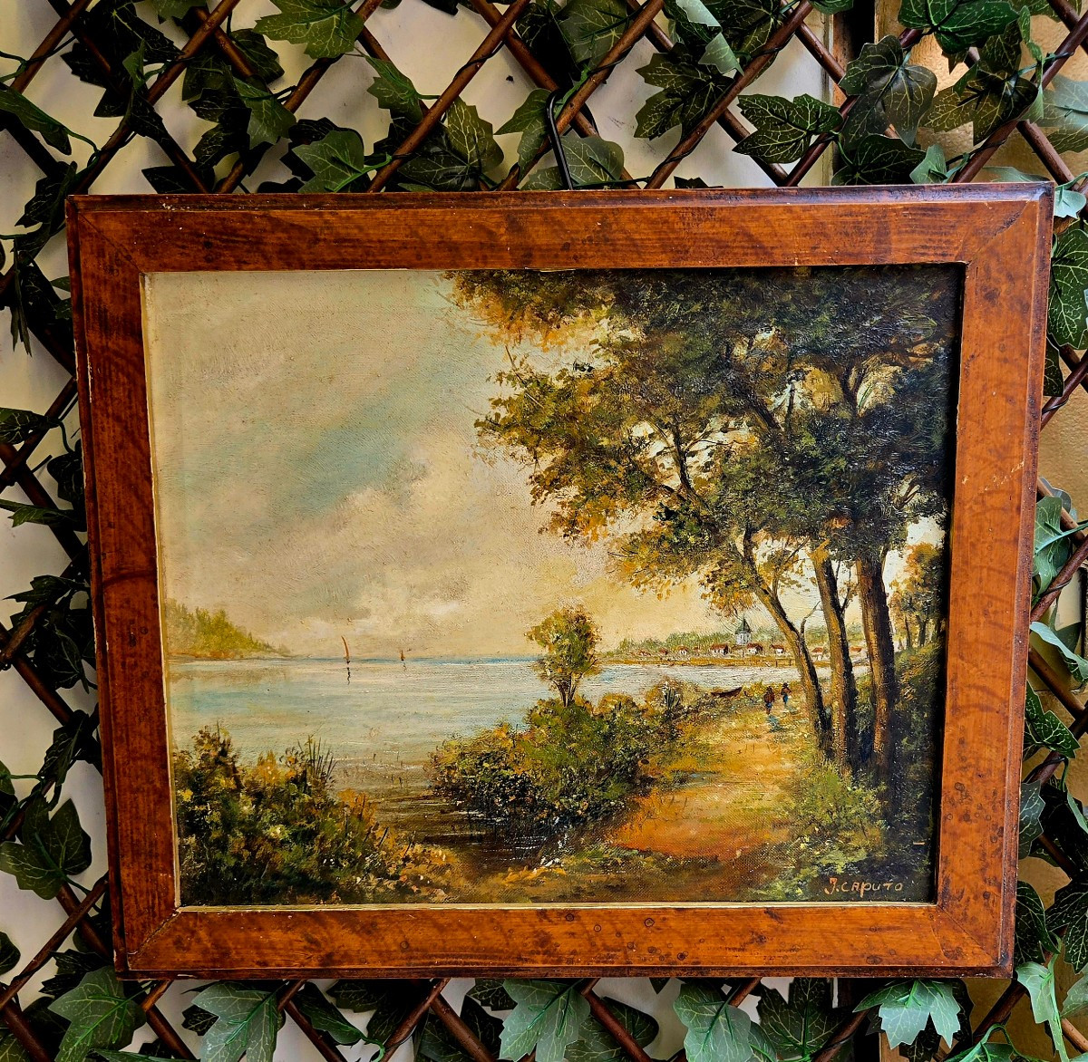 Tableau Peinture Huile Sur Toile à Restaurer Ou Pas ..marine Bord De Lac De Mer 