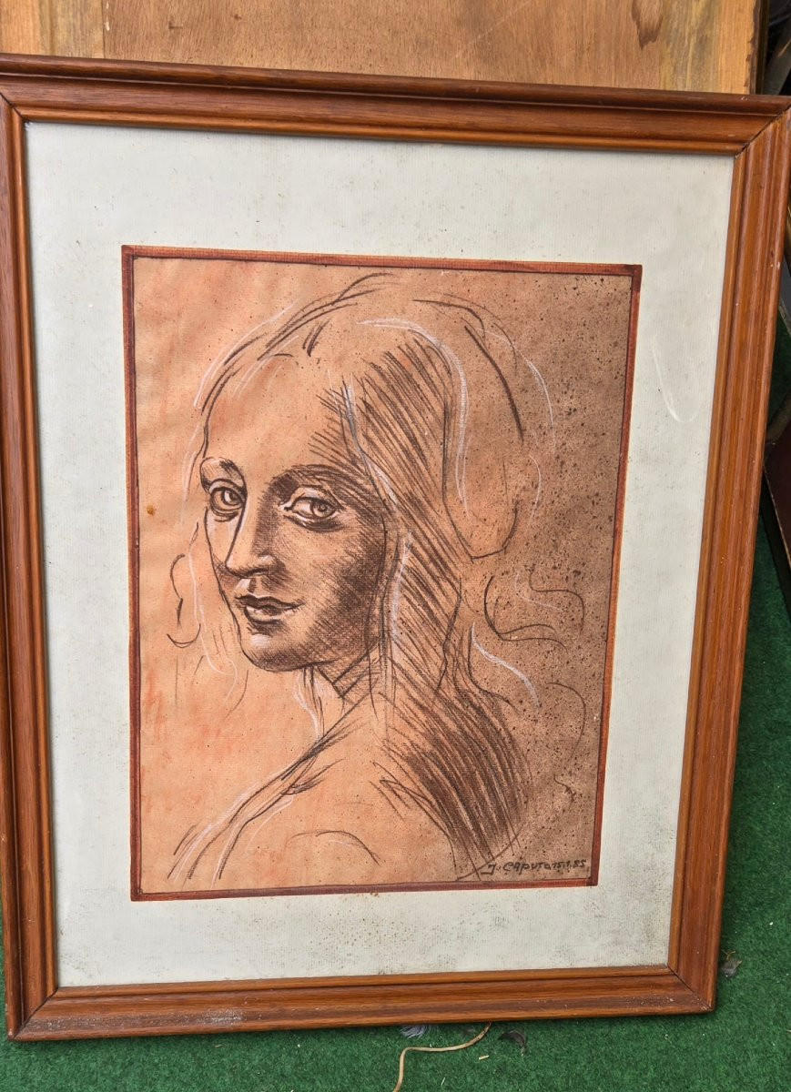 Portrait d une femme  Veritable Fusain et sanguine leonardo de vinci  ( copie ) tableau italie -photo-2