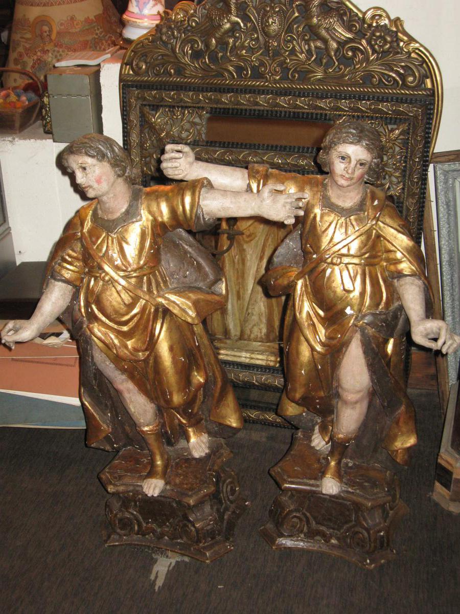 Paire Statues XVIIe Polychrome Bois Dore Circa Louis XIV 