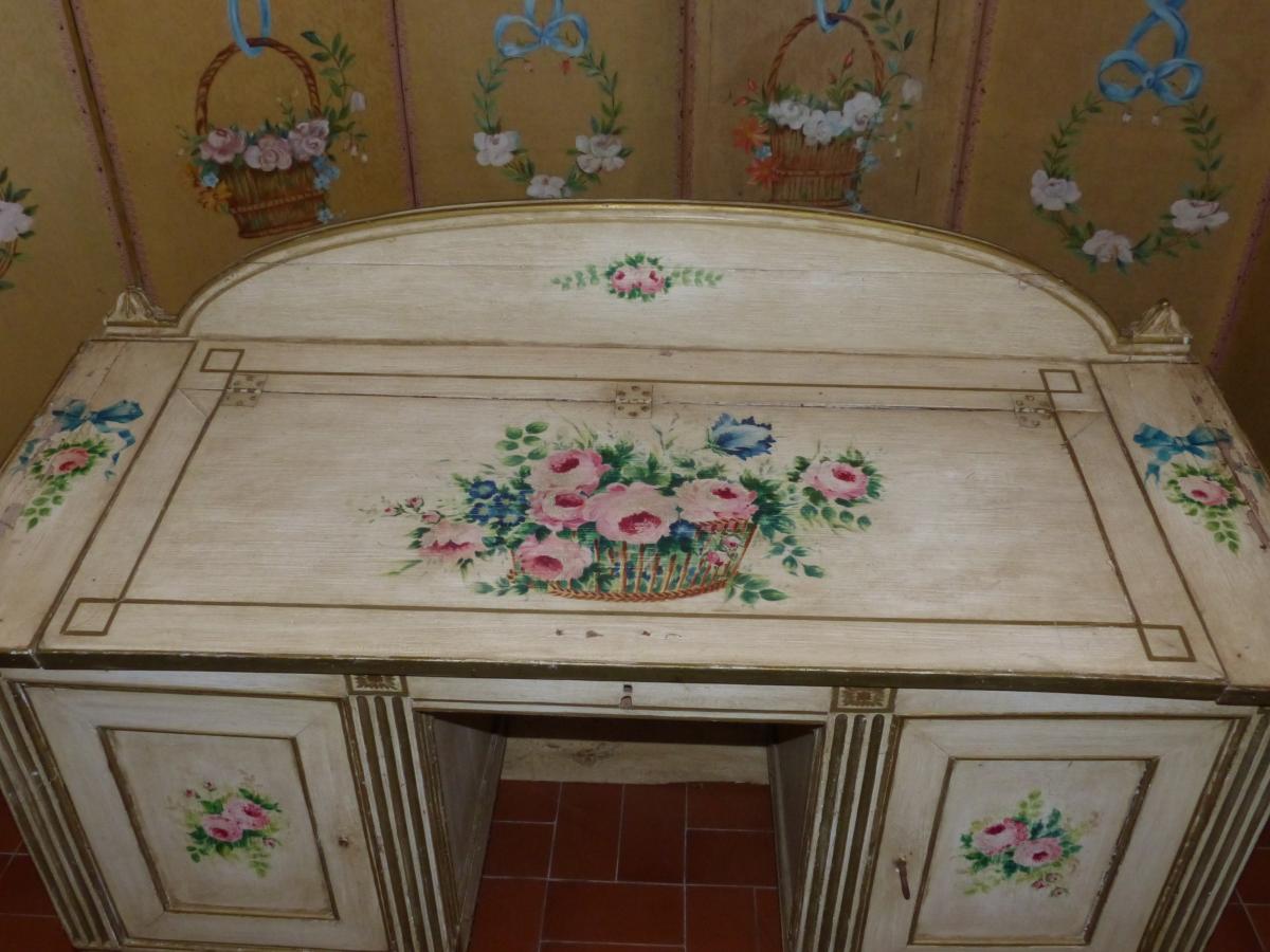 Secretaire Bureau A Pente Epoque Louis XVI Peint Bouquet-photo-4