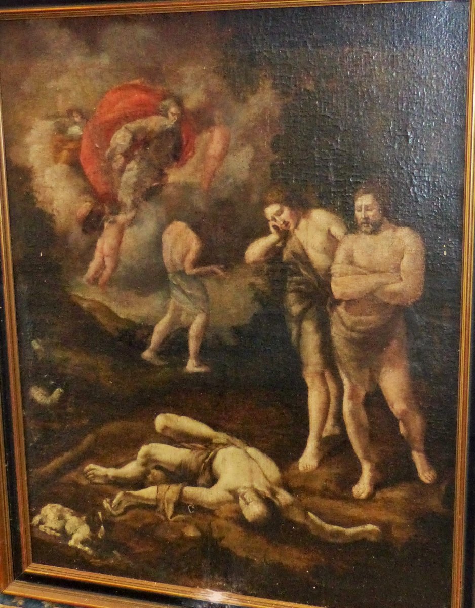 Large Painting Oil  Circa XVII Eme Siecle Abel Et Cain 17 Century Louis XIII Religeous God Holly Spirit -photo-3