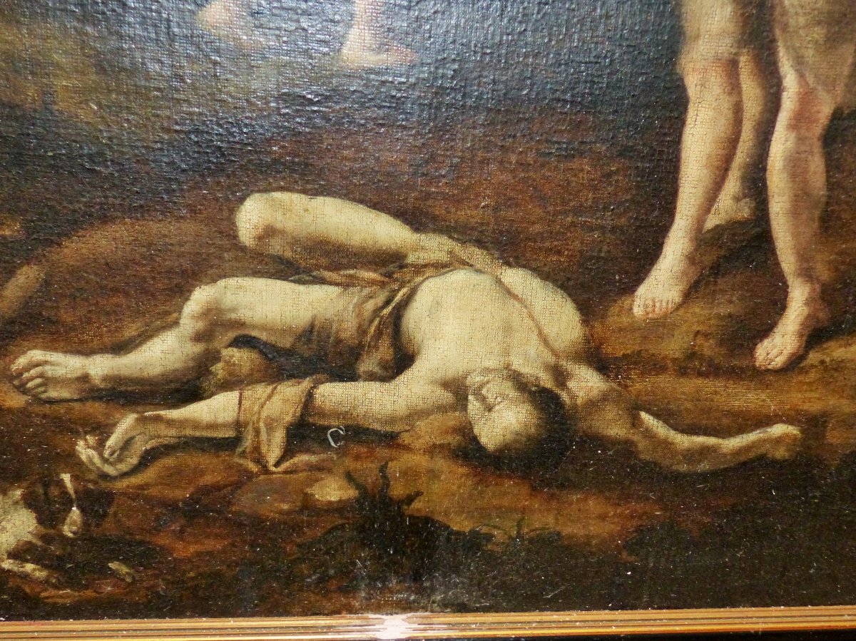 Grand Tableau huile sur toile ėpoque XVII Eme Siecle Abel Et Cain circa 17 e siecle louis xiii louis xiv religion dieu anges saint esprit 