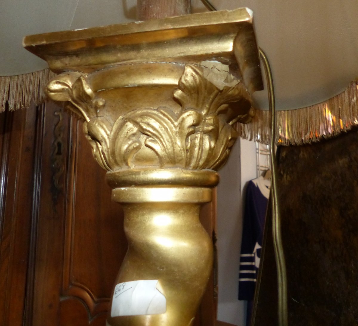 Large Golden Wood Floor Lamp Pique Candle Baroque Column Marquee Marble Base XVII / XVIII Eme -photo-3