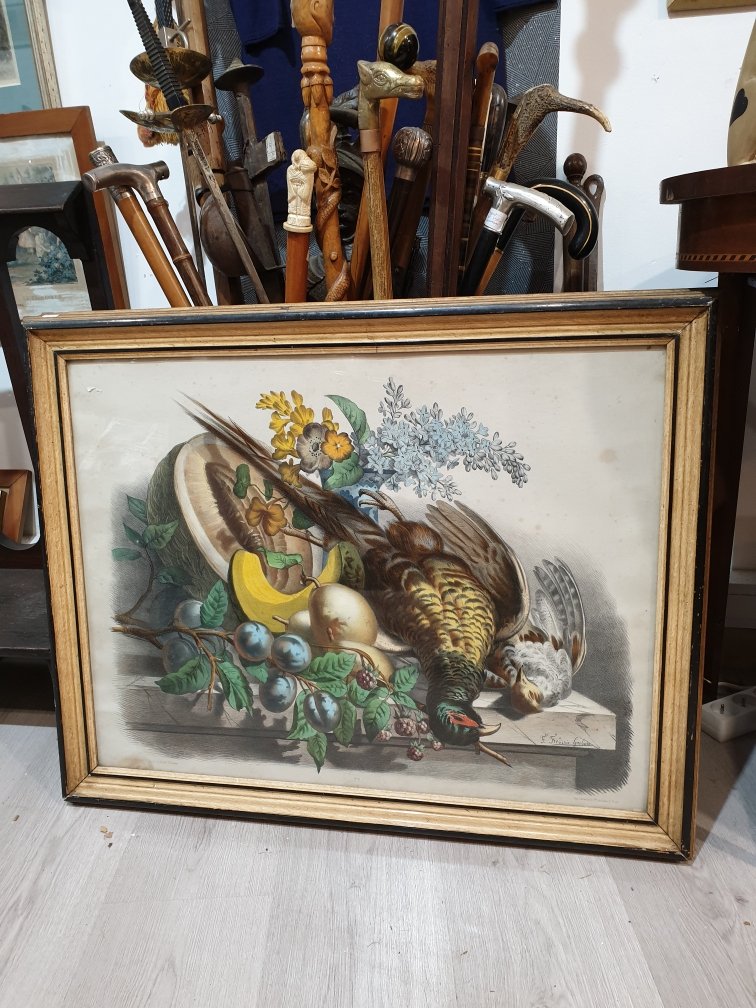 Large Litho Colors Engraving XIX Th Still Life Hunting Relay Signed Game