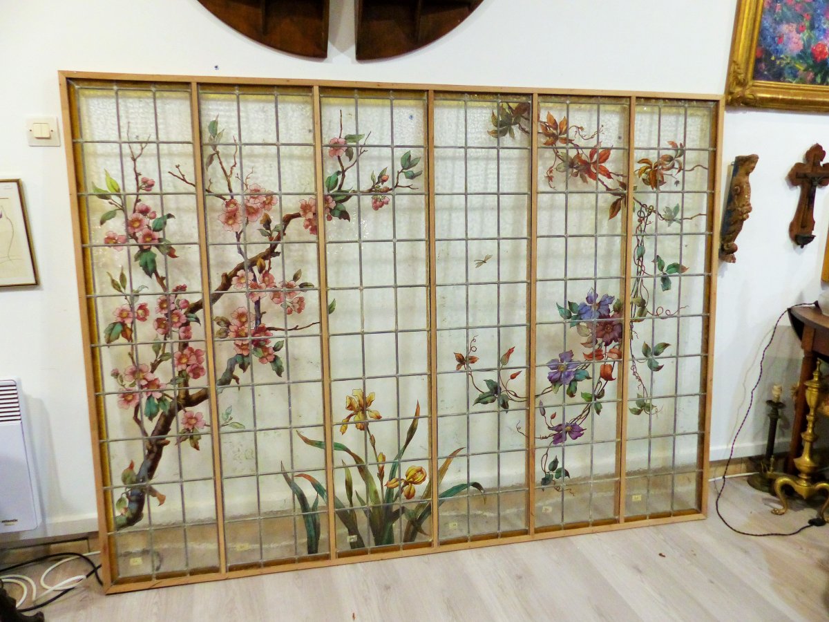 Large Stained-glass Window Japanese-style Napoleon III Art Nouveau 1900 Naturalist Stained Glass XIXth-photo-1