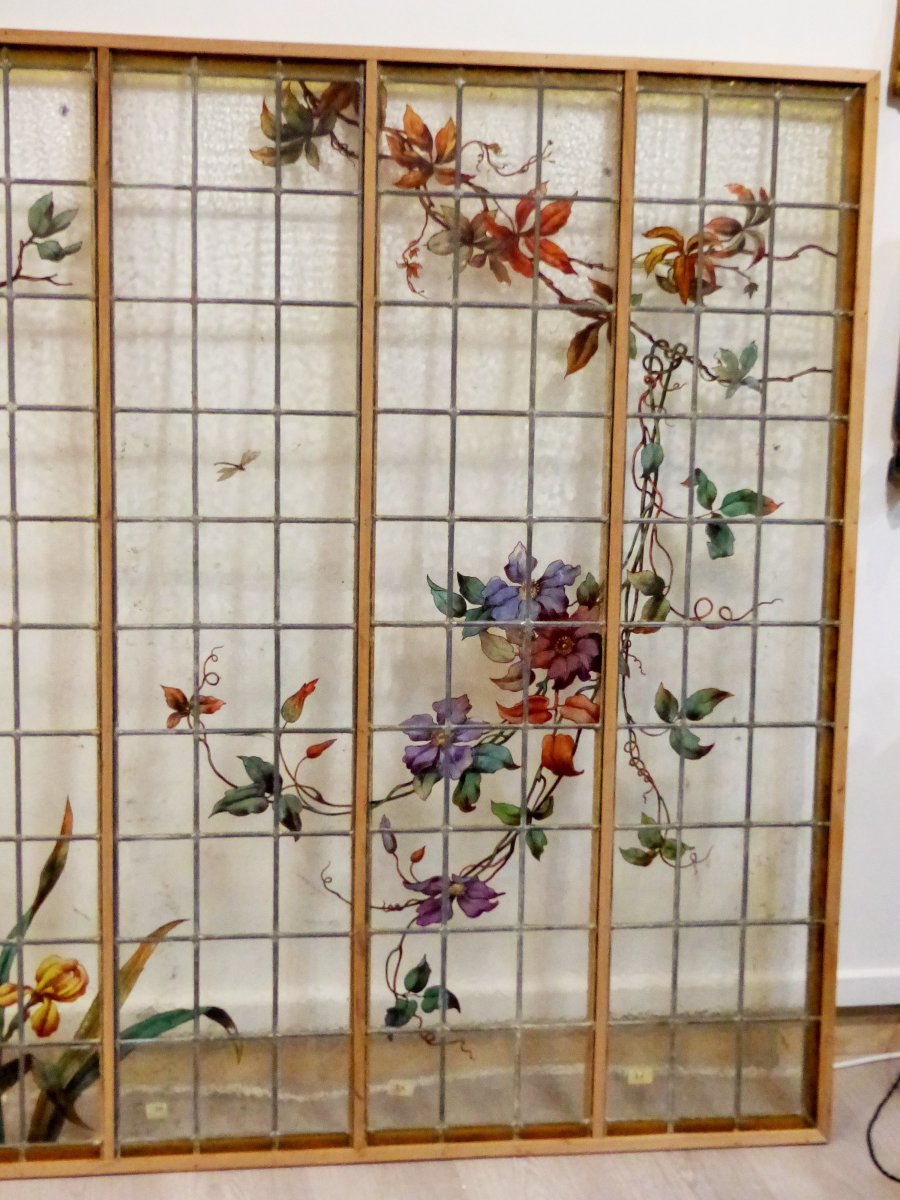 Large Stained-glass Window Japanese-style Napoleon III Art Nouveau 1900 Naturalist Stained Glass XIXth-photo-5