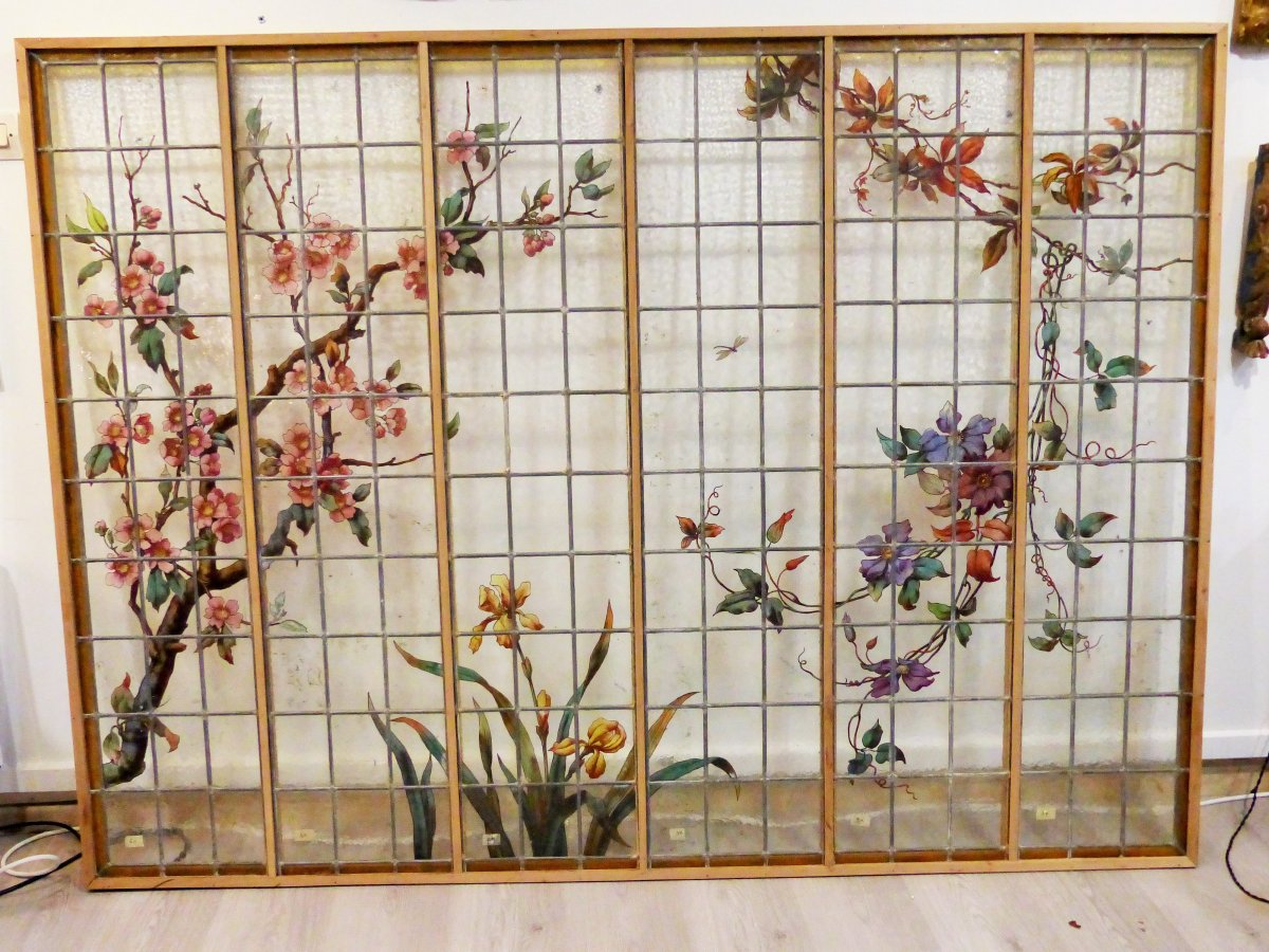 Large Stained-glass Window Japanese-style Napoleon III Art Nouveau 1900 Naturalist Stained Glass XIXth