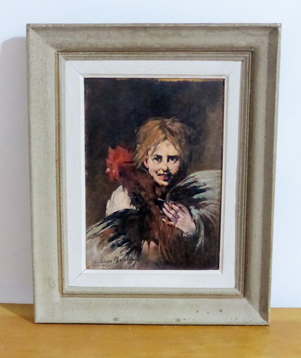 La Jeune Fille Au Coq De Deschamps Louis  Huile Sur Panneau De 23.5 Par 33 Cms tableau peinture portrait scene de genre france -photo-2