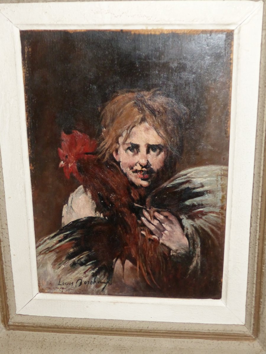 La Jeune Fille Au Coq De Deschamps Louis  Huile Sur Panneau De 23.5 Par 33 Cms tableau peinture portrait scene de genre france -photo-4