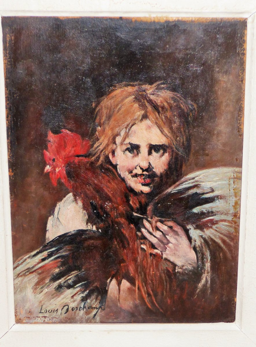 La Jeune Fille Au Coq De Deschamps Louis  Huile Sur Panneau De 23.5 Par 33 Cms tableau peinture portrait scene de genre france -photo-3