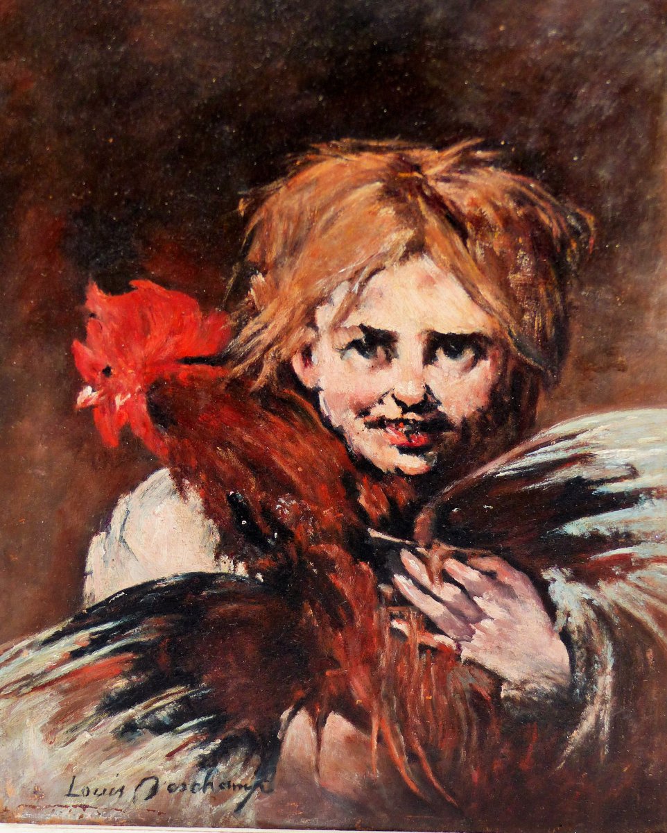 La Jeune Fille Au Coq De Deschamps Louis  Huile Sur Panneau De 23.5 Par 33 Cms tableau peinture portrait scene de genre france 