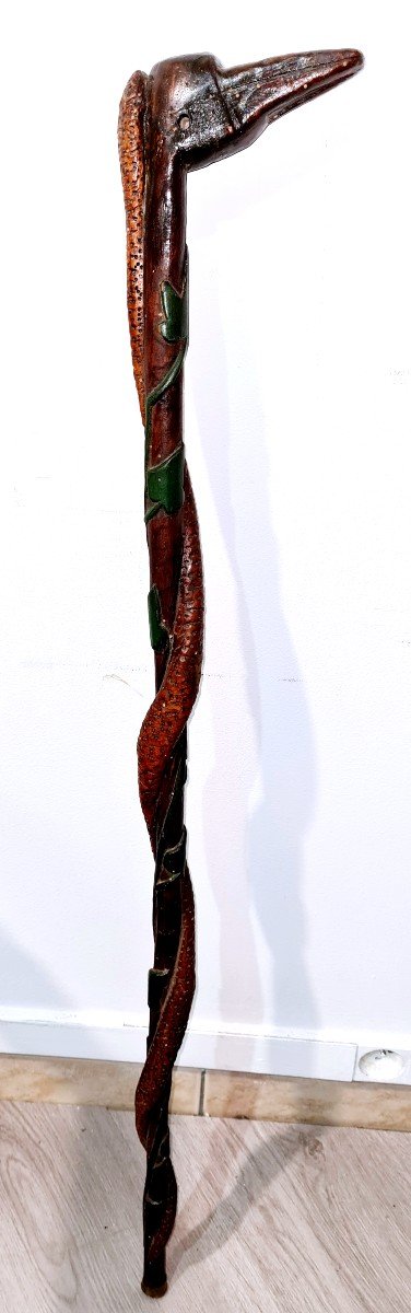 Carved Cane Of Hairy Polychrome Zoomorphic Goose Snake Folk Art Naturalist Clovers Vines-photo-2
