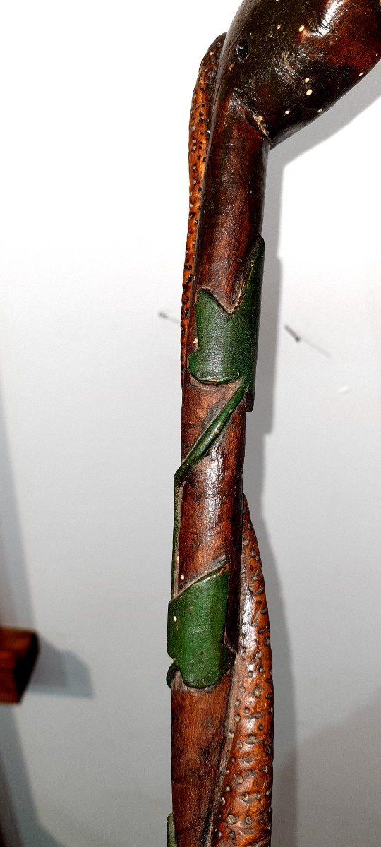 Carved Cane Of Hairy Polychrome Zoomorphic Goose Snake Folk Art Naturalist Clovers Vines-photo-1