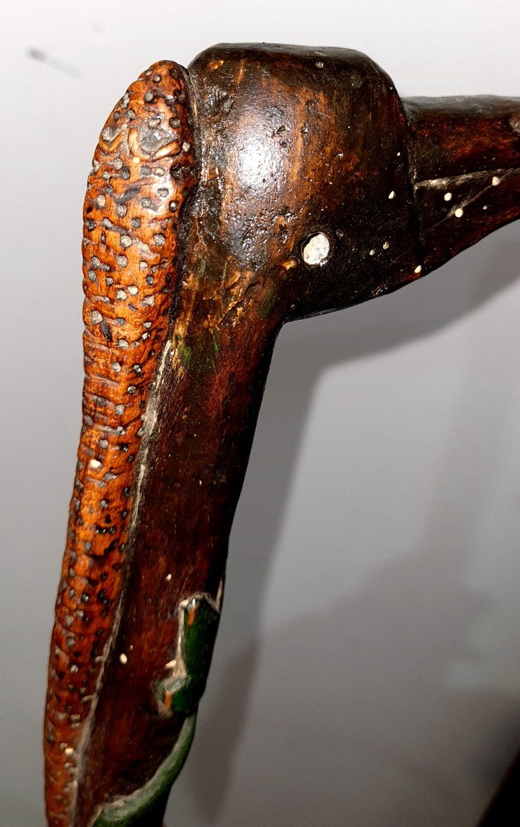 Carved Cane Of Hairy Polychrome Zoomorphic Goose Snake Folk Art Naturalist Clovers Vines