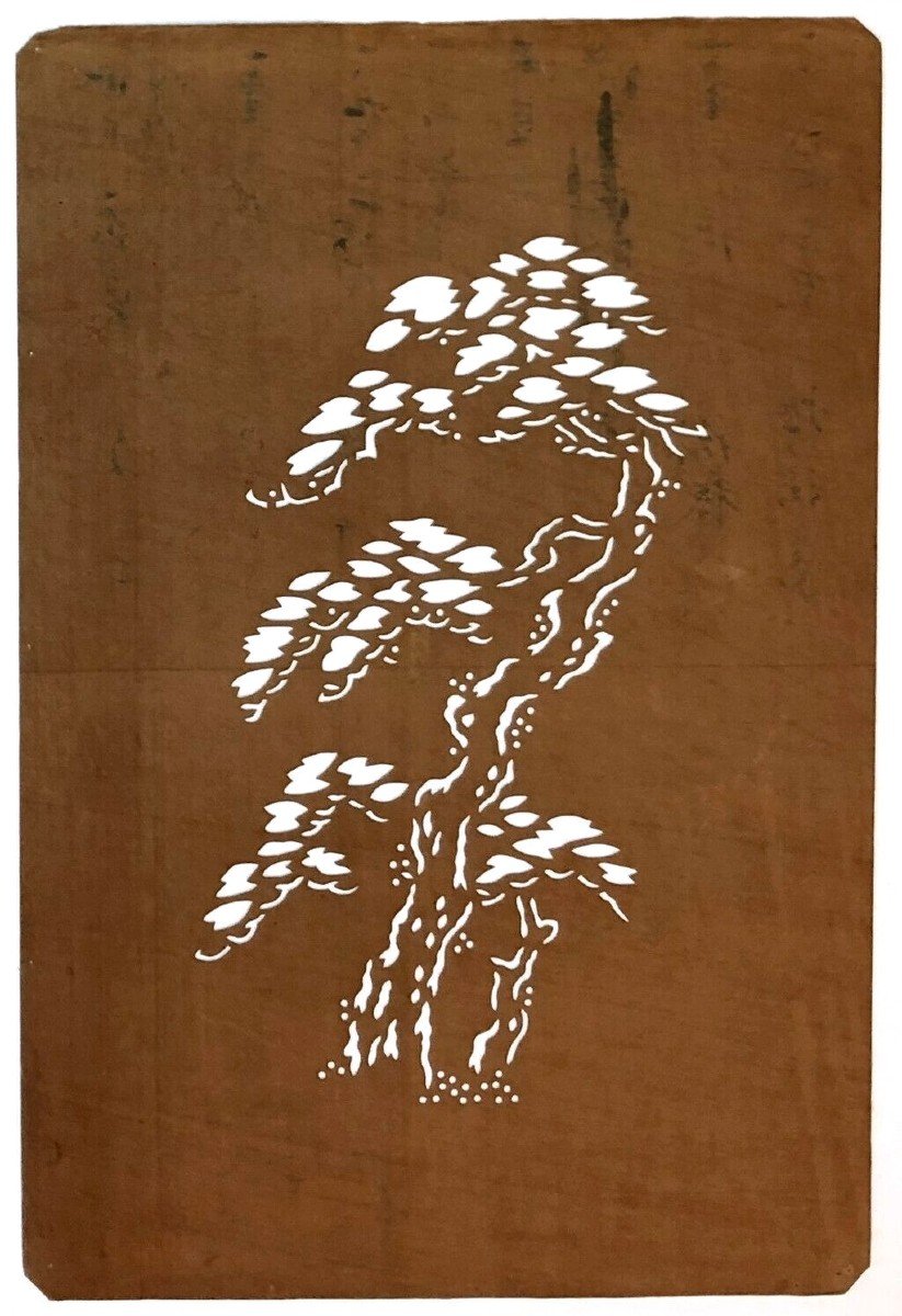 Katagami Circa Meiji Stencil Painting Japan End XIXth In Mulberry Bark Bonsai Pine Pattern