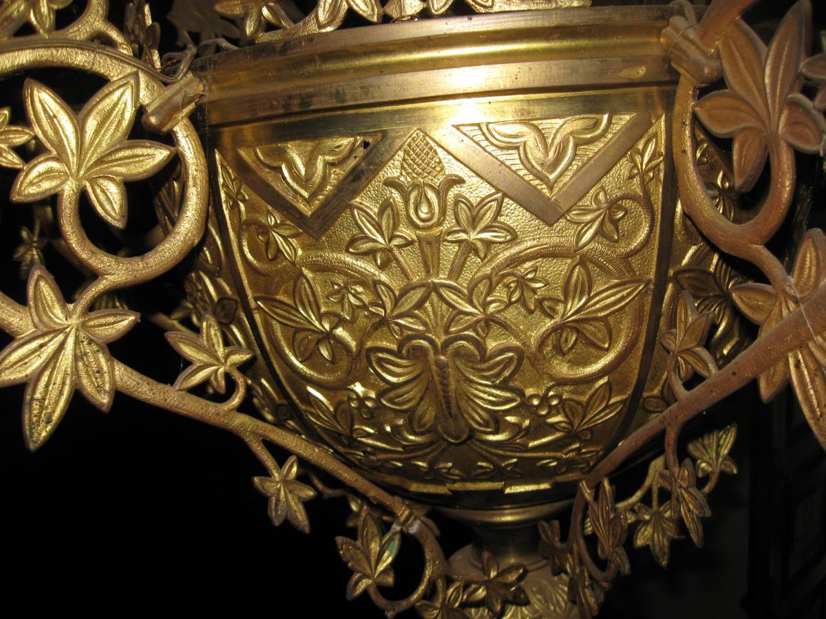 Grand lustre Chateau Neogothique Viollet le Duc XIX e Bronze doré 