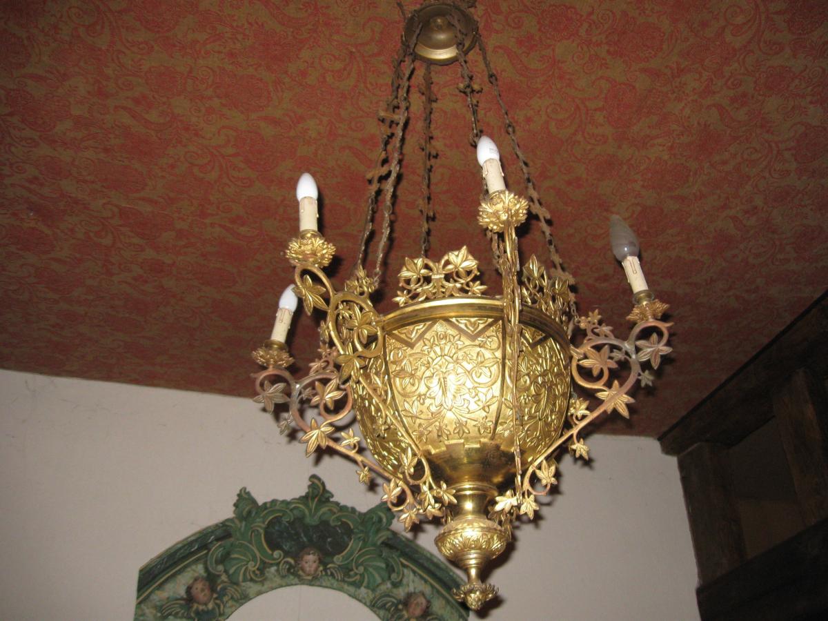 Grand lustre Chateau Neogothique Viollet le Duc XIX e Bronze doré -photo-2