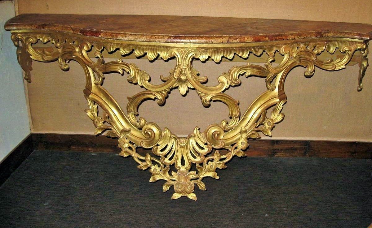 importante Console bois doré italienne epoque xvii eme louis xiv  plateau  marbre feint en peinture décorative sur bois-photo-2