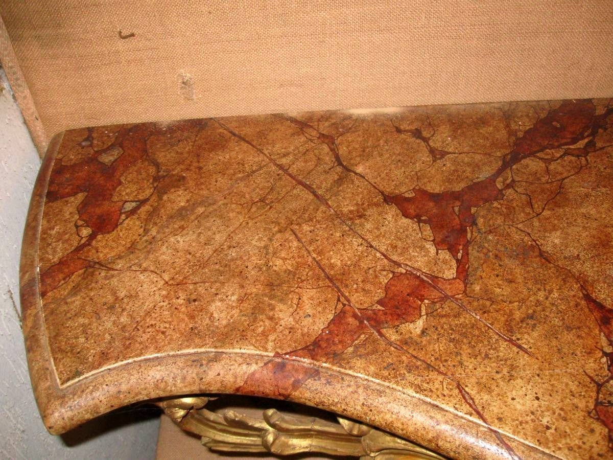 importante Console bois doré italienne epoque xvii eme louis xiv  plateau  marbre feint en peinture décorative sur bois-photo-4