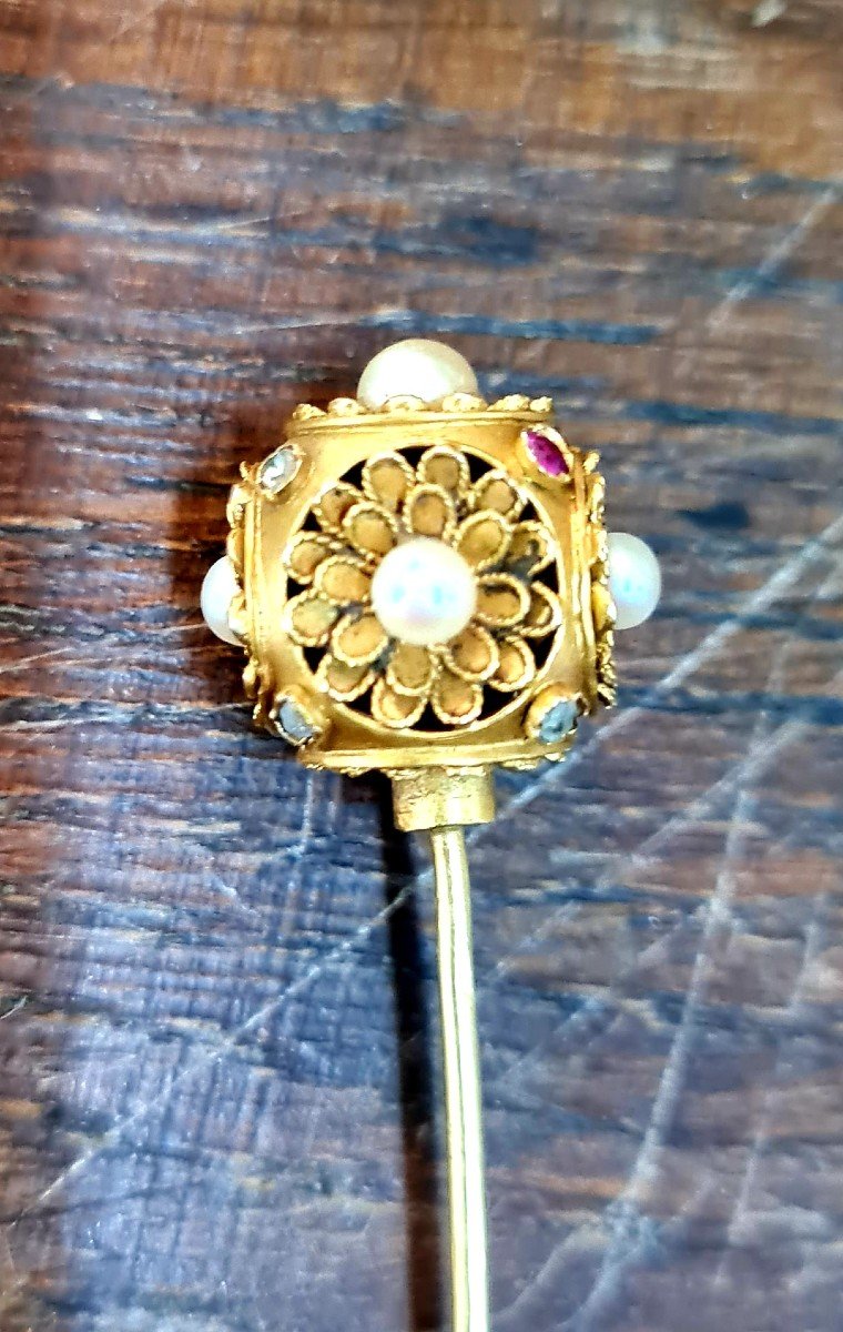 Pin Brooch Gold Ruby Diamonds Pearls Fine Flowers Pearl XIX Eme Jewelry-photo-3