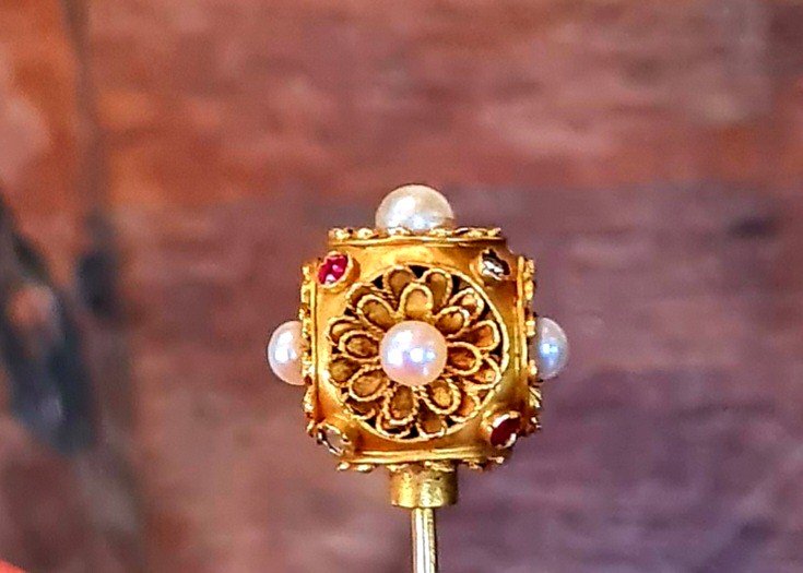 Pin Brooch Gold Ruby Diamonds Pearls Fine Flowers Pearl XIX Eme Jewelry