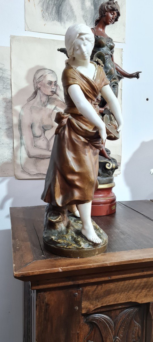 Circa XIXe statue Jeune Fille A La Vielle Biscuit de porcelaine Signė Auguste Moreau statuaire napoleon III art nouveau epoque-photo-3