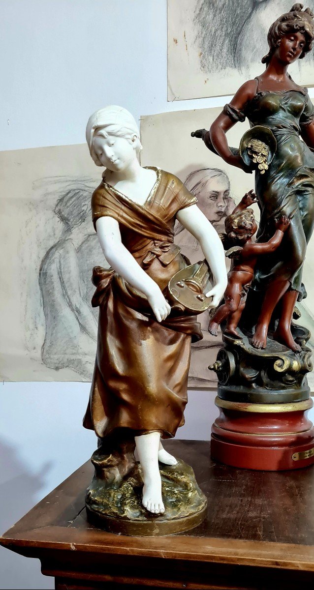 Circa XIXe statue Jeune Fille A La Vielle Biscuit de porcelaine Signė Auguste Moreau statuaire napoleon III art nouveau epoque-photo-4