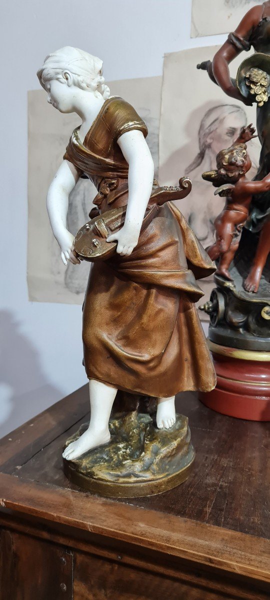 Circa XIXe statue Jeune Fille A La Vielle Biscuit de porcelaine Signė Auguste Moreau statuaire napoleon III art nouveau epoque-photo-5
