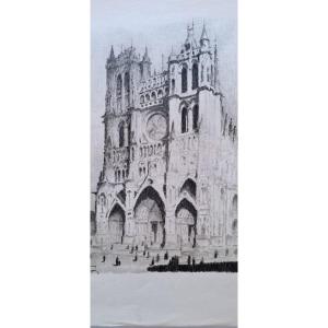 Gaston Balande Litho Circa 1935 Cathedrale Amiens Epoque Art Deco Gravure Estampe Lithographie