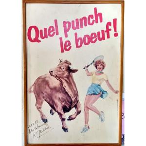 Rare Affiche publicitaire  Dedicacėe main Quel Punch Le Boeuf Tenniswoman Vintage cuisine dėco  publicitė pub 