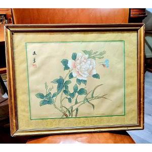 Rose Et Papillon Ancienne Peinture Main Chinoise Sur Soie Avec Calligraphie Et Cachet Rouge 