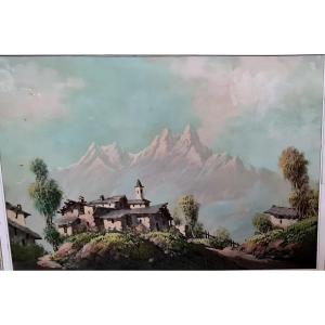 Large Oil On Panel Painting Village Mountain Alpes Suisse Franco Italiano End XIX Eme Beginning XX Eme