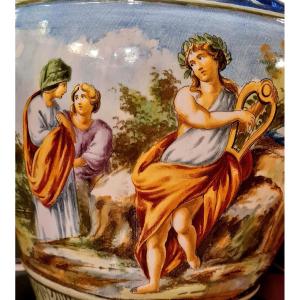 Urbino Italie Majolique: Importante Jardinière vase Sur Piédouche Faïence Italienne XIXème urbino Siècle