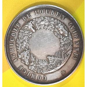 XIXe Argent Napoléon III Médaille Comice Agricole De Loudun Tête De Bélier Boeuf Cheval Araire